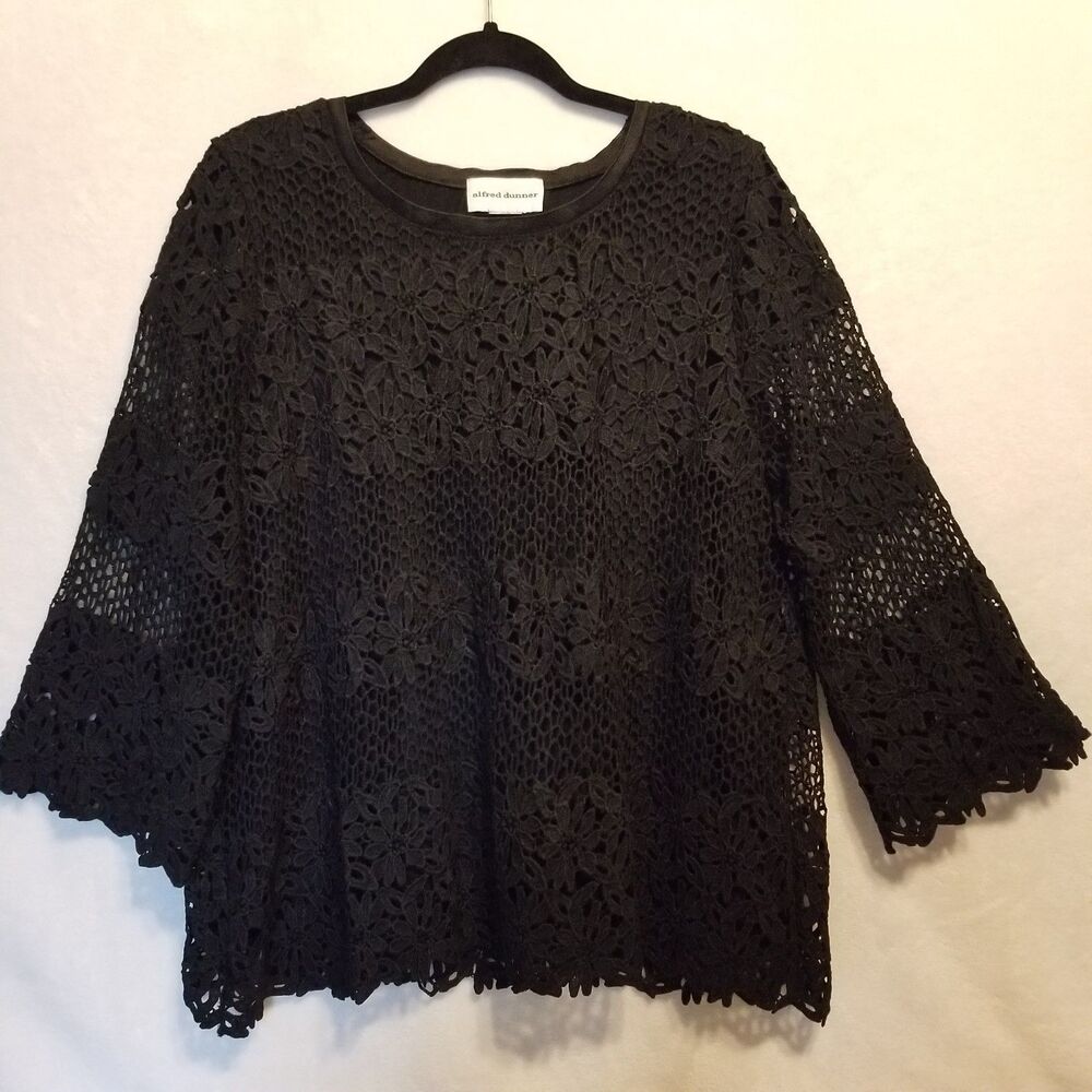 Alfred Dunner XL Top Black Lace Crochet Lined Whimsigoth Dark Cottagecore Boho